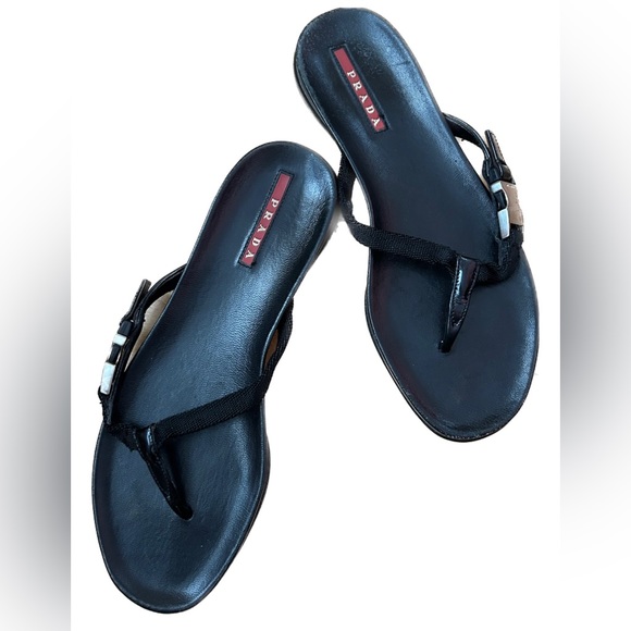 PRADA Vintage Flip Flops leather patent leather fabric w/silver buckle EUC  7 - Picture 1 of 10